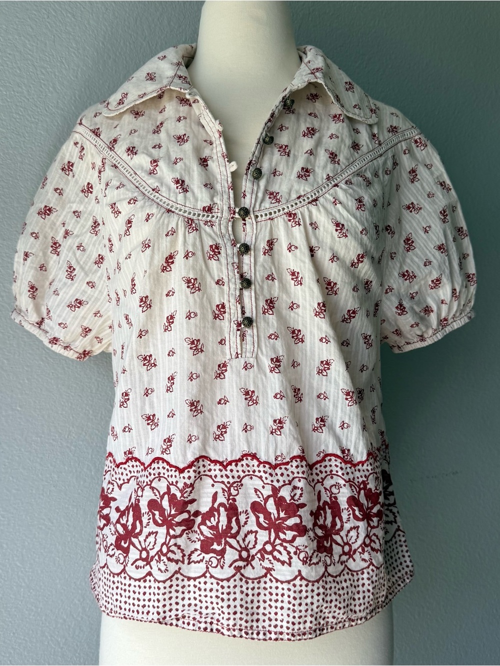 Anthropologie Pilcro Boho Floral Puff Sleeve Cotton Peasant Blouse Small